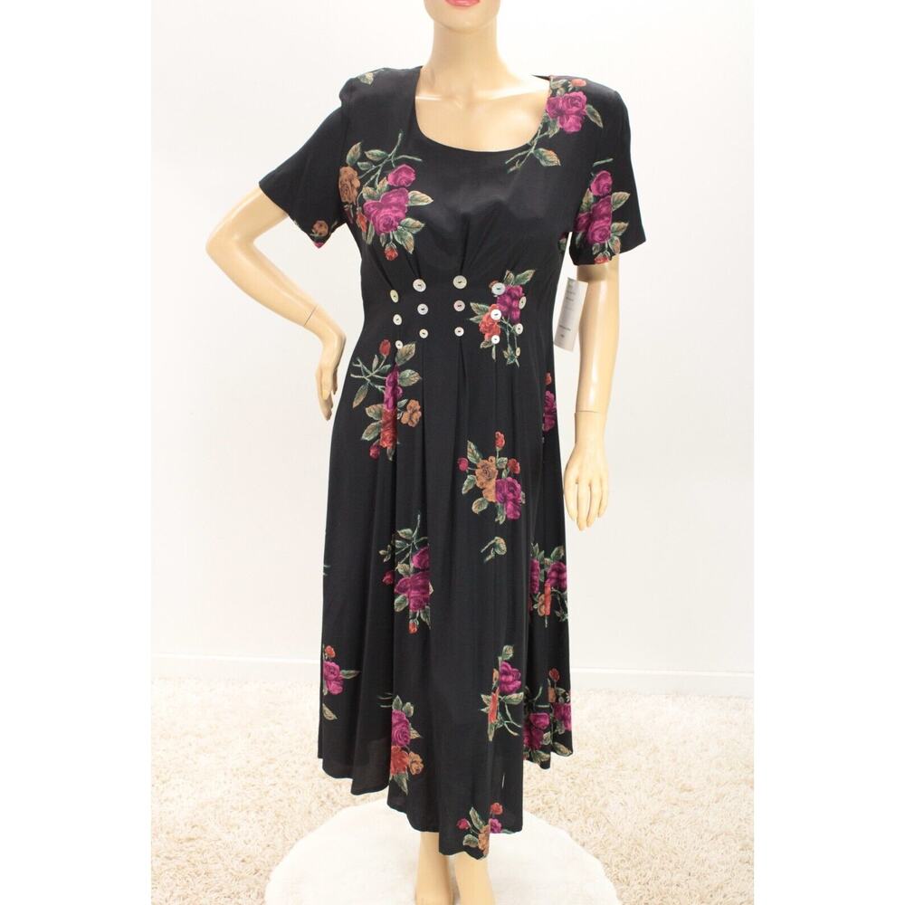 Vintage JBS Ltd Dress Black Dark Floral size 12 NOS NWT Mother of pearl Buttons